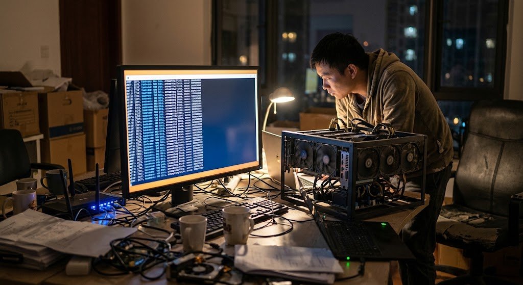 A person leans over a cluttered desk at night inspecting an open computer rig running command-line cryptocurrency mining software.