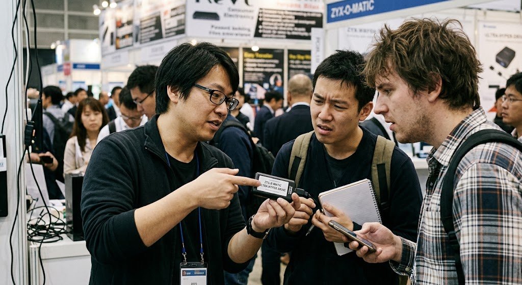 Three colleagues at a tech conference examine a small electronic device with a bizarre fake product name printed on its label.