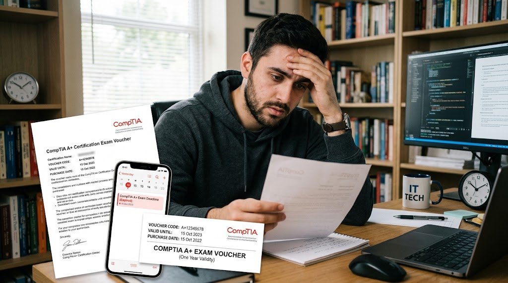 A stressed student sitting at a desk, looking at a calendar on a smartphone near a computer screen.