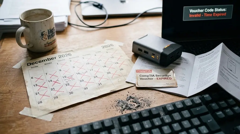 A desk scene showing a calendar with marked-off days next to an expired exam voucher card and a coffee mug.