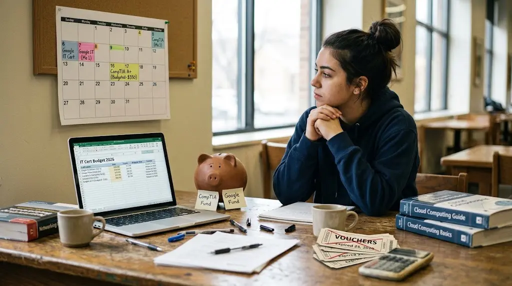A young person's desk with a budget-planning spreadsheet, certification textbooks, and a wall calendar.