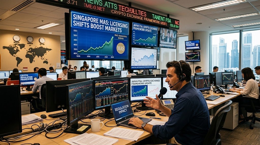 A modern newsroom with journalists, data screens, and large headlines discussing crypto regulation's impact on markets in Singapore and Japan.
