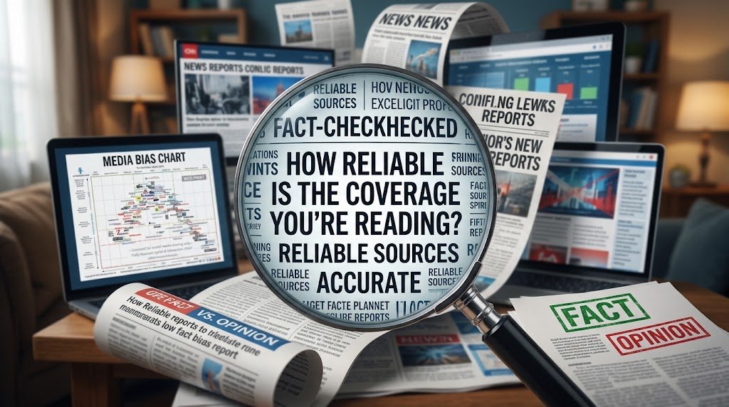 Conceptual photo: Hand with a magnifying glass examining conflicting news reports, highlighting 'FACT-CHECKED' and 'FAKE NEWS' articles[cite: 21].