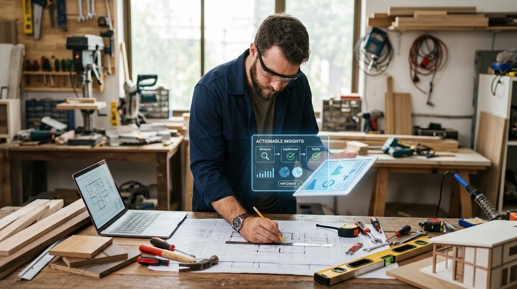A carpenter holds a tablet displaying a digital analysis titled 'Actionable Insights' with a flow of icons for analyze, implement, and verify, while actively using a pencil to mark a physical blueprint on his worktable in a workshop full of tools.