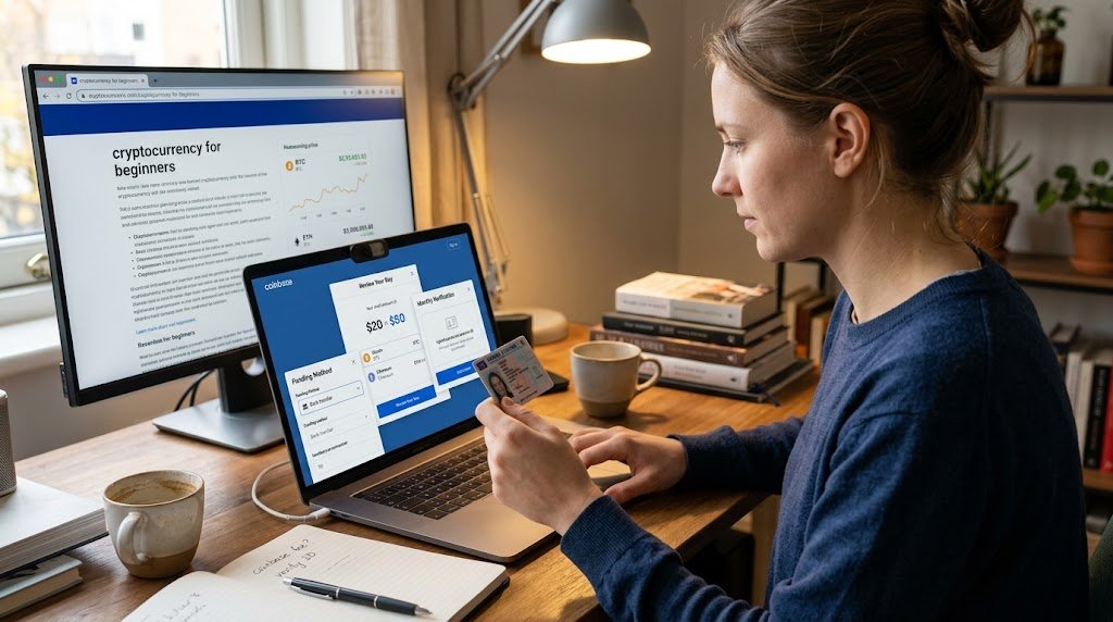 A person sitting at a desk with a laptop, buying their first cryptocurrency on a secure exchange platform.
