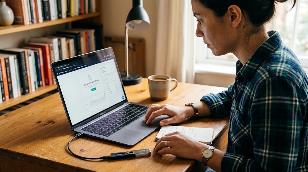 A person focused on managing their cryptocurrency portfolio securely at a home desk.