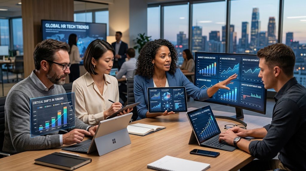 A diverse team of professionals analyzes data dashboards and financial graphs during a business meeting about modern HR tech funding trends.