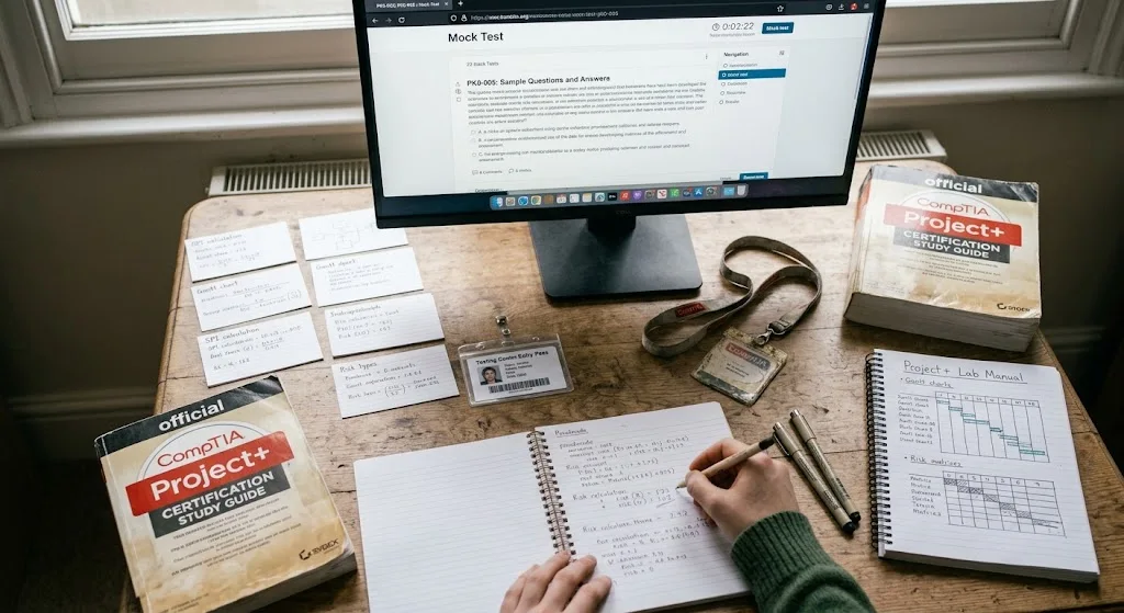 A top-down view of a student's workspace filled with study guides, handwritten notes, and a computer screen displaying practice questions for the PK0-005 exam.
