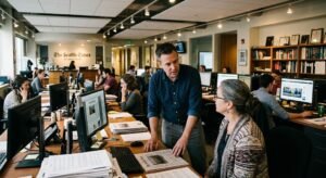 A man and woman discuss a newspaper layout on a desk in a busy office, with "The Seattle Times" logo on the back wall.