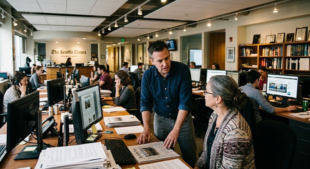 A man and woman discuss a newspaper layout on a desk in a busy office, with "The Seattle Times" logo on the back wall.