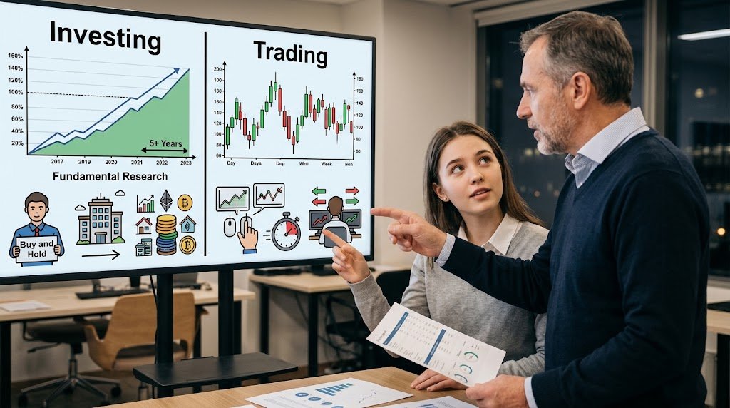 A man and a woman in an office point to a large monitor displaying charts that compare investing and trading methods.