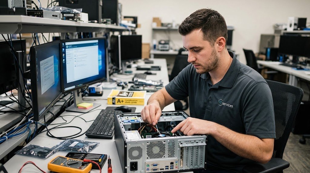 An IT technician actively repairs an open computer desktop tower at a well-equipped workshop workstation.