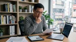 A focused professional analyzing financial reports and Cryptocurrency news ftasiamanagement data to determine credibility and trustworthiness.