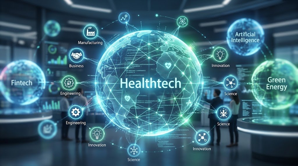 A glowing digital sphere symbolizing healthtech surrounded by floating technology icons and interconnected data nodes.
