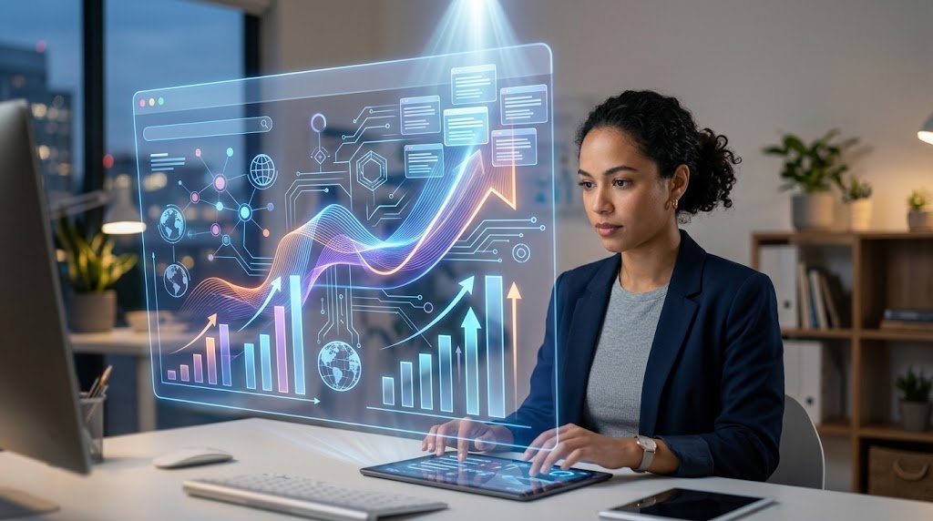 A digital strategist analyzes performance dashboards on a glowing glass display to evaluate AI optimization tools for visibility.