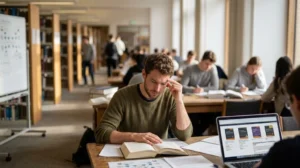 A male student concentrates intensely on a thick book at a library desk surrounded by study materials.