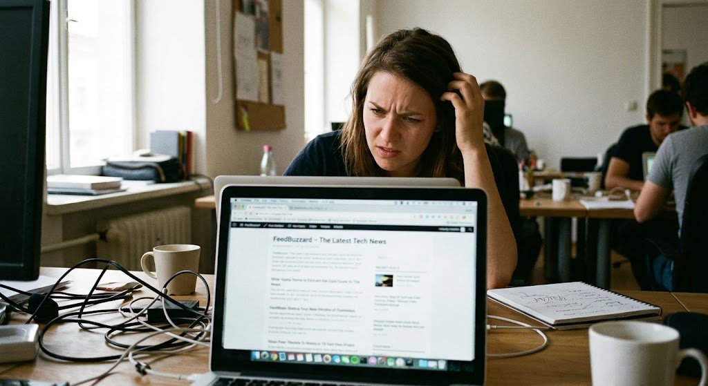 A confused professional sitting at a cluttered office desk looking at a laptop showing tech news articles while searching for a non-existent FeedBuzzard organization cloud solution.