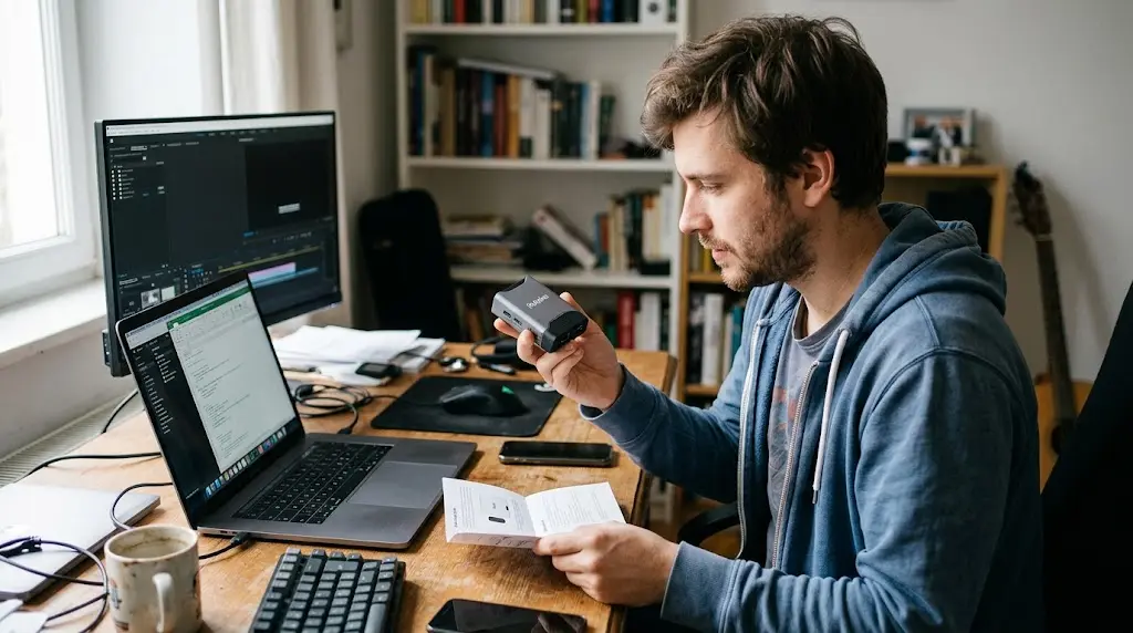 A man sits at a wooden desk with a laptop, holding a small hardware add-on device while reading a manual.