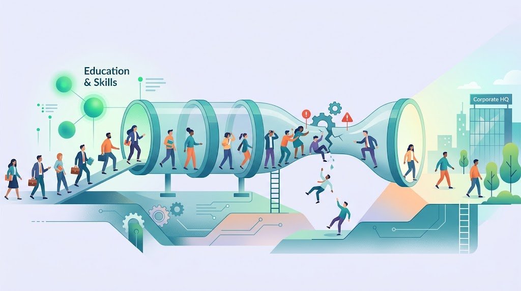 An illustration showing diverse individuals navigating a funnel with text: 'Education & Skills' and 'Corporate HQ.'