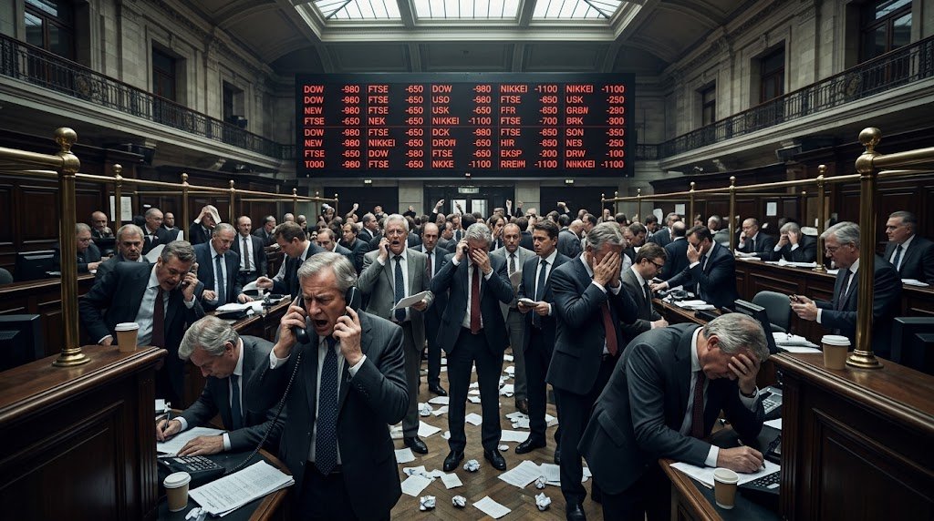 Chaos erupts on a crowded trading floor as stressed stockbrokers react to falling market tickers.