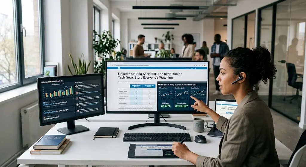 Data analyst reviewing global recruitment and job market analytics on multi-monitor setup in a busy, modern open-plan office.