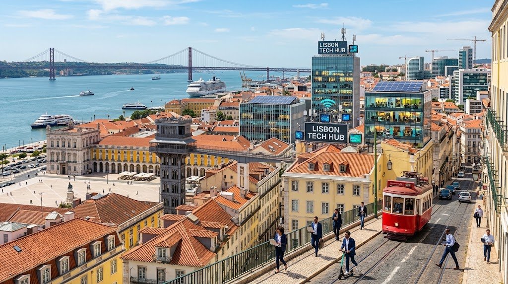 Panoramic view of Lisbon blending traditional terracotta-roofed buildings and classic trams with modern tech offices overlooking the Tagus River and 25 de Abril Bridge.