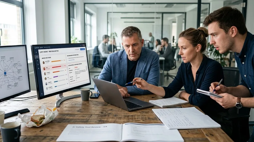 A corporate security team gathers around a laptop screen in a modern office to evaluate the cybersecurity company Living Security on AI safety tools.