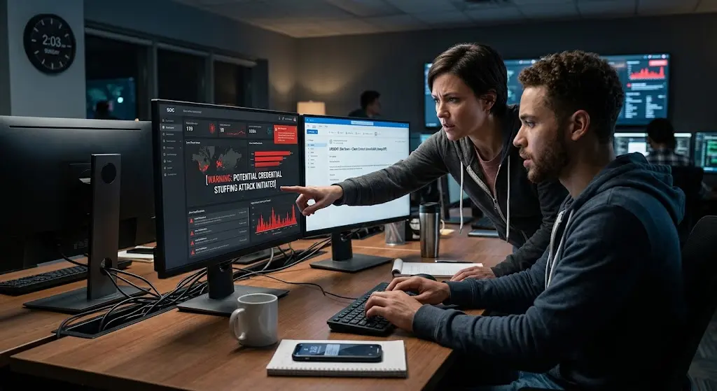 An IT specialist points out a security alert on a monitor late at night while a colleague types at a computer desk.