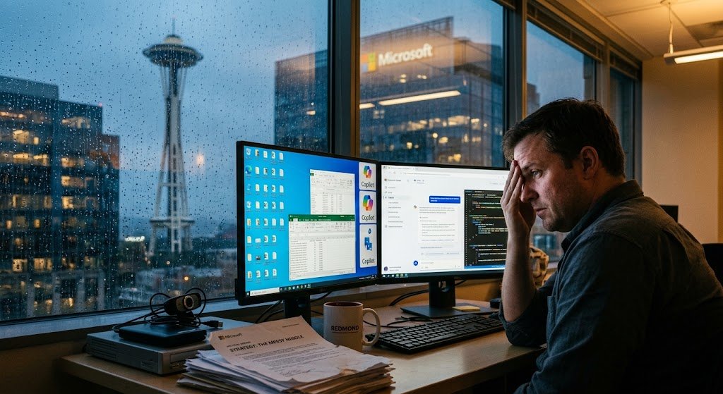 A stressed professional sits at a dual-monitor desk filled with legacy software and AI prompts overlooking a rainy city skyline.