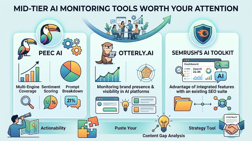 An infographic highlighting mid-tier AI monitoring tools Peec AI, Otterly.AI, and Semrush for business growth.
