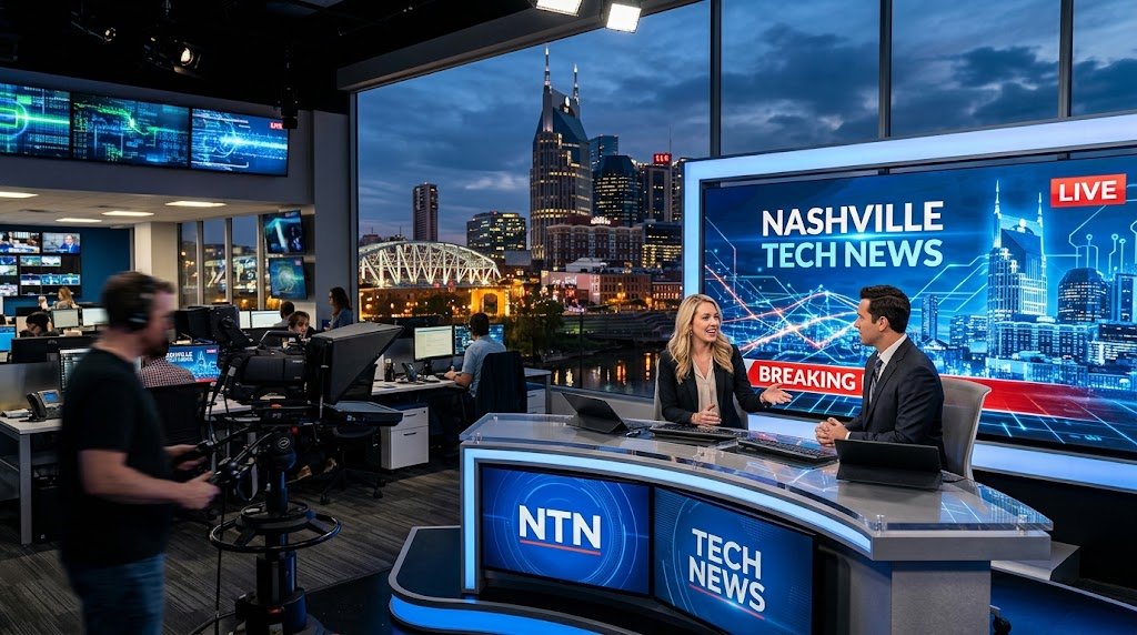 A modern news studio setting overlooking the glowing evening skyline and famous bridge of Nashville, Tennessee.