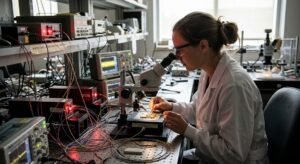 A researcher in a laboratory examines a optical modulator microchip under a microscope surrounded by fiber-optic cables and testing equipment.