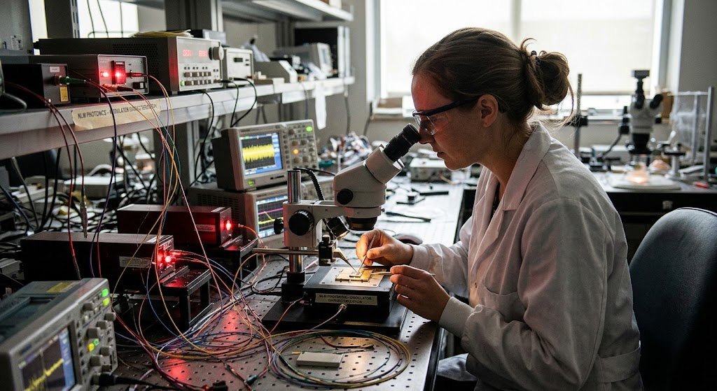 A researcher in a laboratory examines a optical modulator microchip under a microscope surrounded by fiber-optic cables and testing equipment.