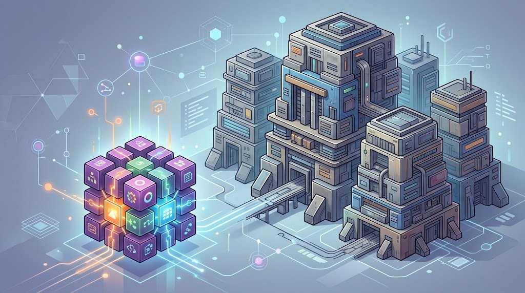 A flexible, glowing modular cube representing Odoo is shown next to massive, rigid traditional ERP buildings.