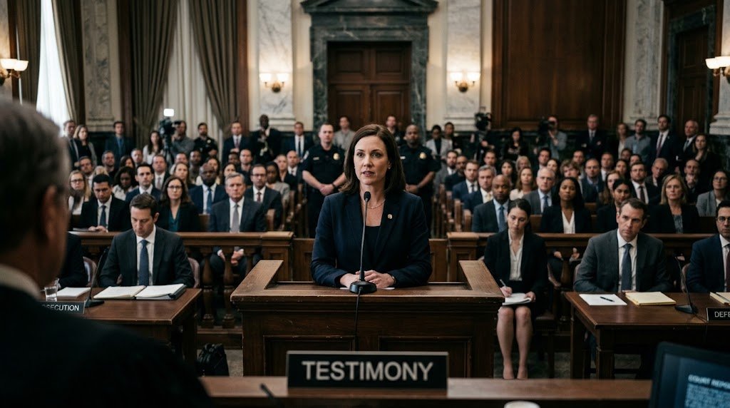 A woman testifying in a high-stakes courtroom, illustrating the theme of One Testimony, One Trillion Dollars, with visible text labels.