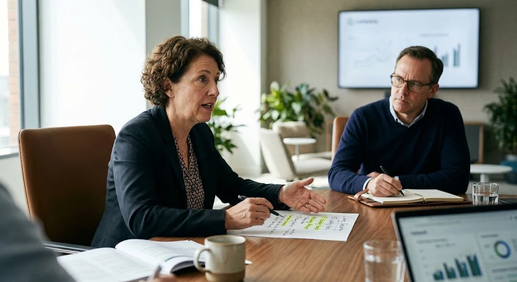 Two corporate colleagues discuss software integration options and vendor proposals during an IT vendor procurement meeting.