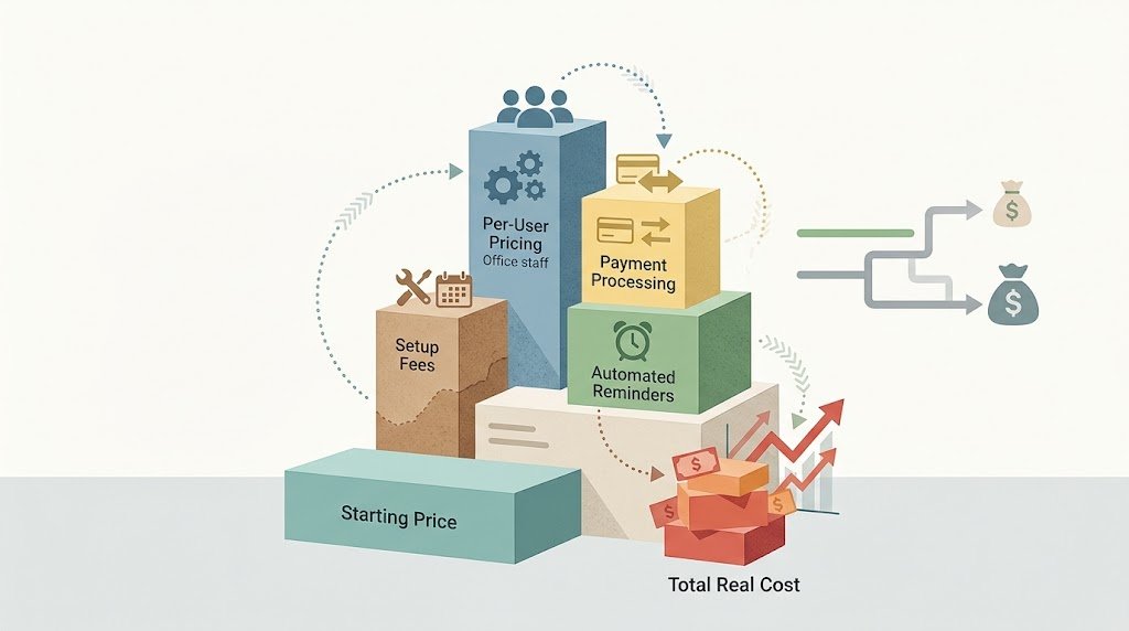 A visual representation of software pricing layers, showing a small base price building up into larger hidden costs including setup fees, per-user charges, payment processing fees, and feature add-ons.