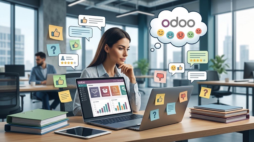 A focused businesswoman uses a laptop amidst floating icons of stars, thumbs-up, and reviews regarding Odoo software.