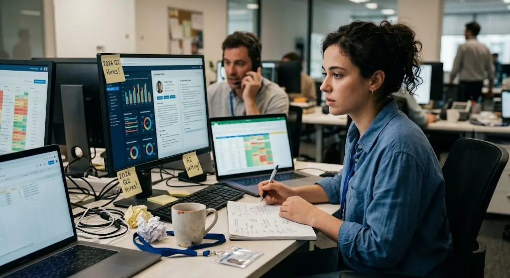 Modern recruiter working at a busy, multi-monitor office desk with hiring analytics and notes.