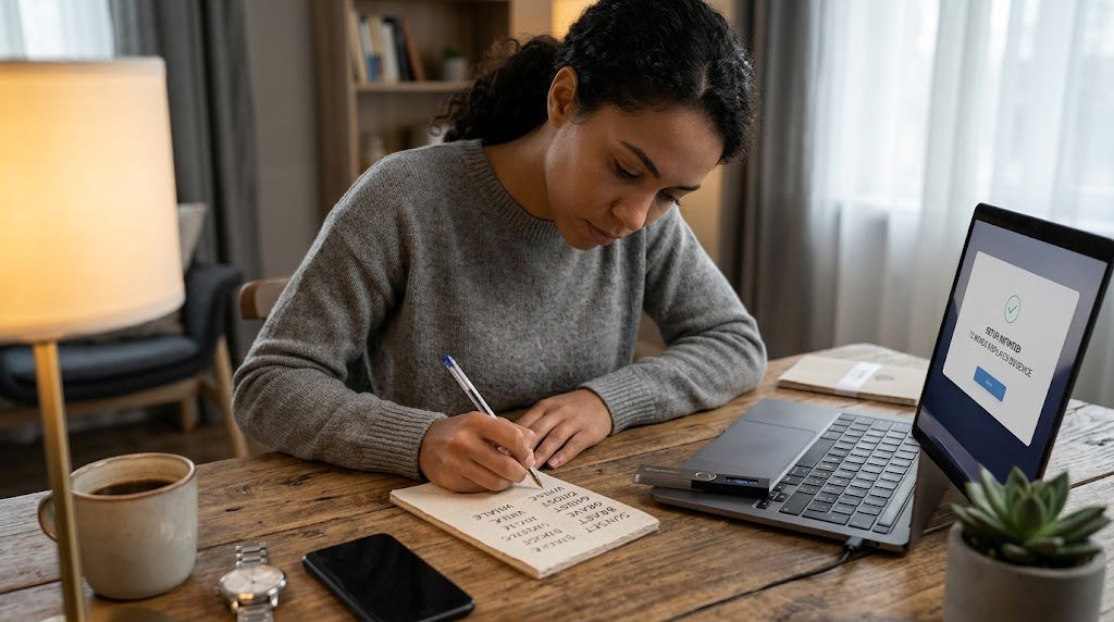 A person sitting at a wooden desk writing down a recovery seed phrase on a physical paper notepad while setting up a hardware cryptocurrency wallet connected to a laptop.