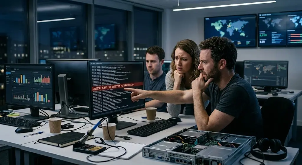 Three cybersecurity analysts review a critical SQL injection alert on a computer screen late at night in a high-tech office.