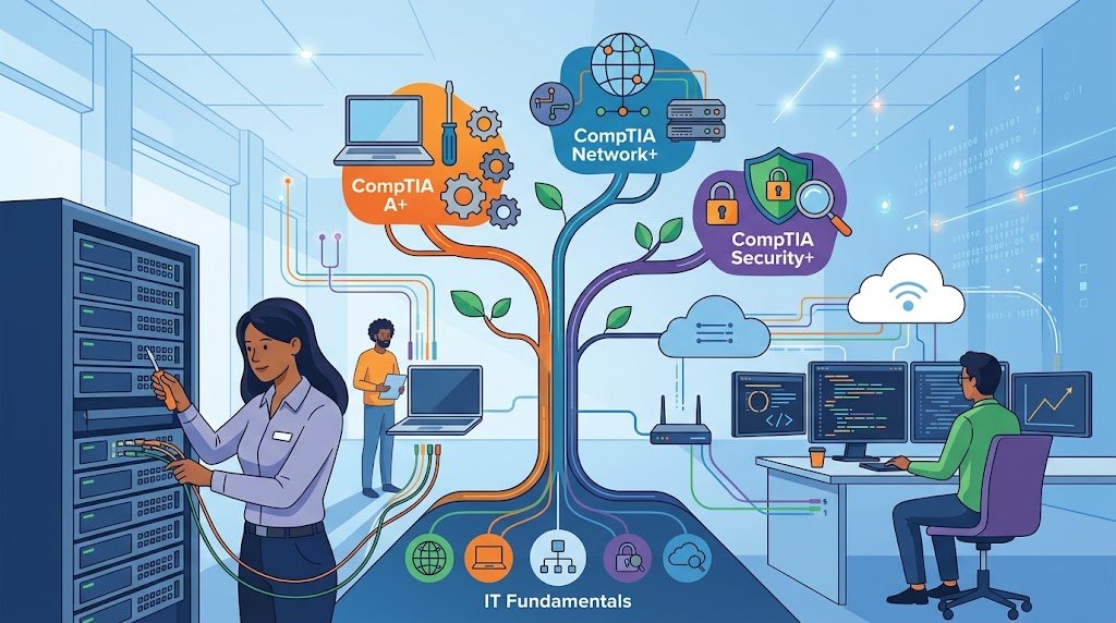 An illustration of IT professionals working in a server room and at workstations, connected by a central branching tree of network cables and technology icons representing computer hardware, networking, and cybersecurity certification pathways.