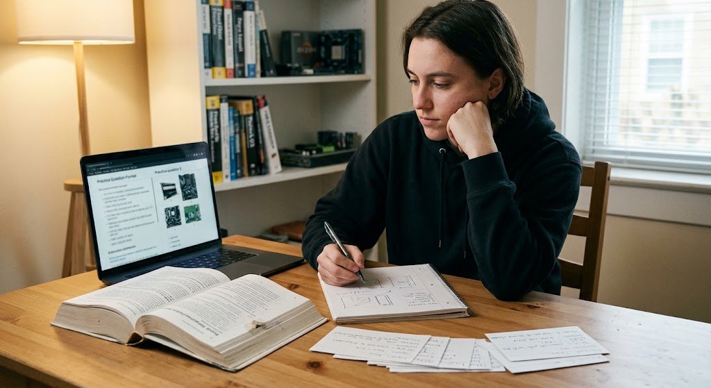 A person sits at a table while preparing for the CompTIA A+ exam.