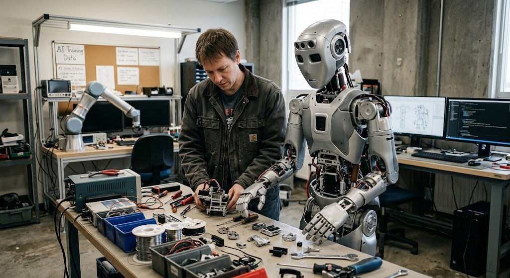 A scientist adjusts an internal component while a sophisticated humanoid robot stands nearby in a workshop filled with tools and computer monitors, illustrating the research and development process.