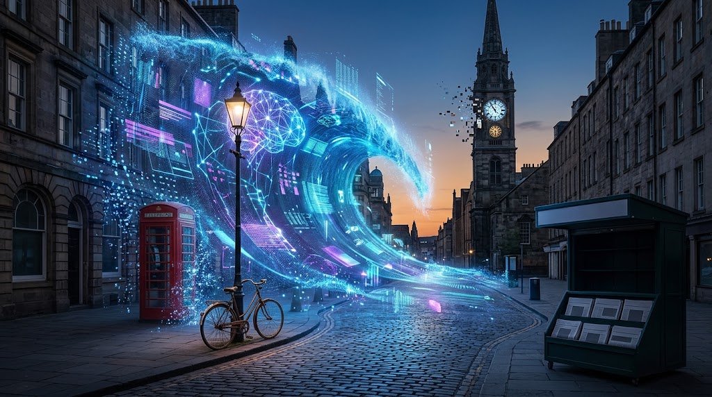 A large, futuristic blue wave of AI technology sweeps through an old, cobblestone city street at night.