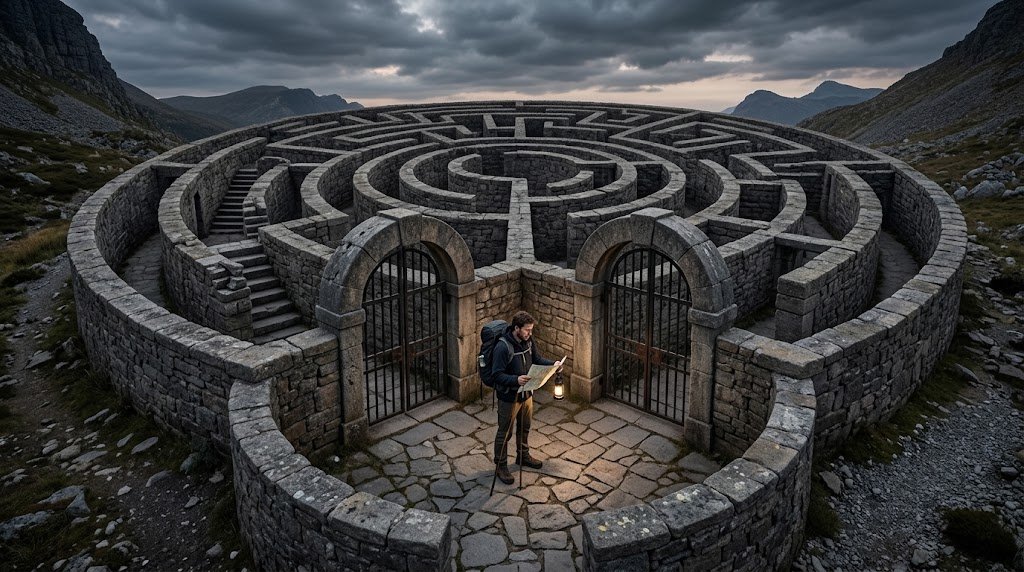 Hiker with a map stands confused between two locked gates at the circular stone maze entrance.