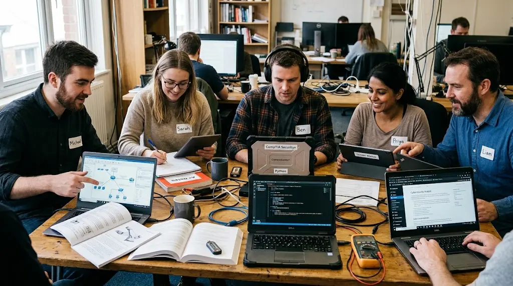 A group of IT students studying together around a shared table, working with different digital tools and learning materials from the CertMaster lineup.