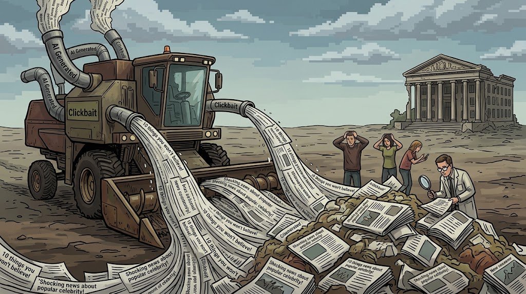 A massive industrial harvester spews endless streams of clickbait articles onto a field of overwhelmed readers.
