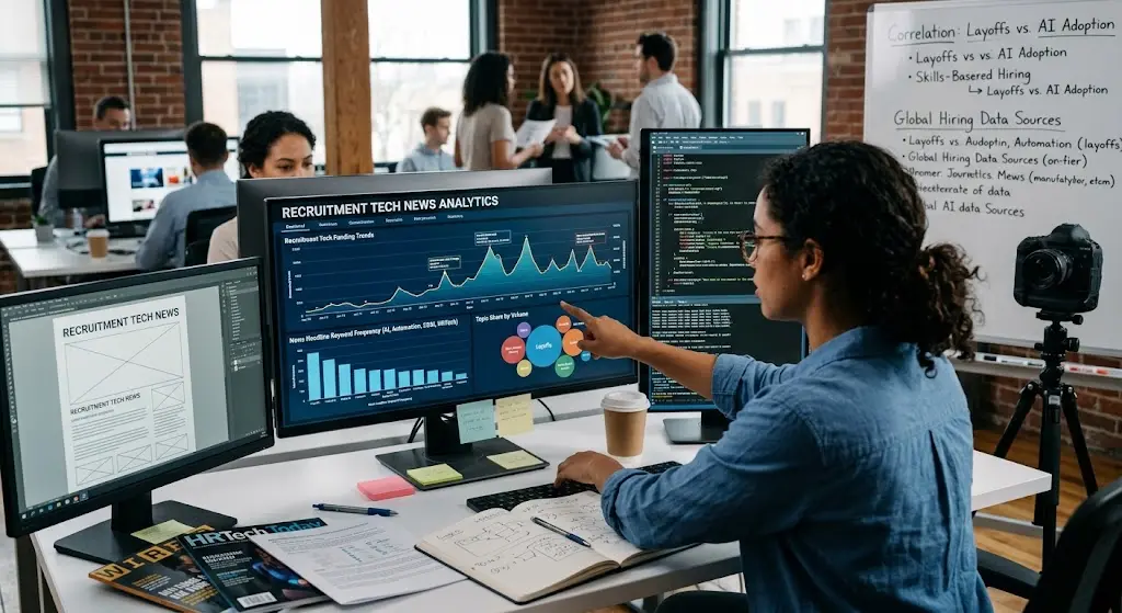 Data analyst reviewing recruitment tech market trends and analytics charts on computer monitors.