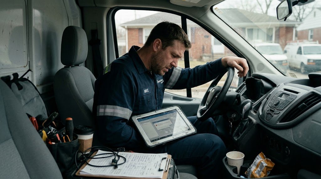 A field service technician looking frustrated while trying to navigate complex field service software on a rugged tablet inside his work van.